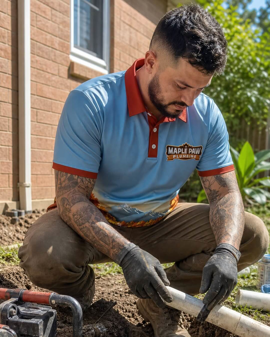 Maple Paw Plumbing working on sewer line repair outside a home.